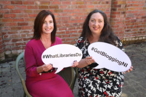 Get Blogging NI Photo of TrainingMatchmaker founder Christine with Libraries NI Julie at launch of Get Blogging NI Blogging Inspiration Session series Autumn Winter 2019