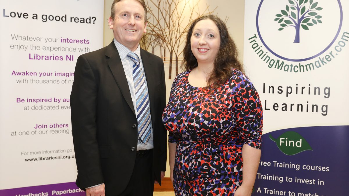 Libraries Northern Ireland CEO Jim O'Hagan with Chartered Marketer Christine Watson founder of Training Matchmaker dot com pictured at Get Blogging NI celebration event