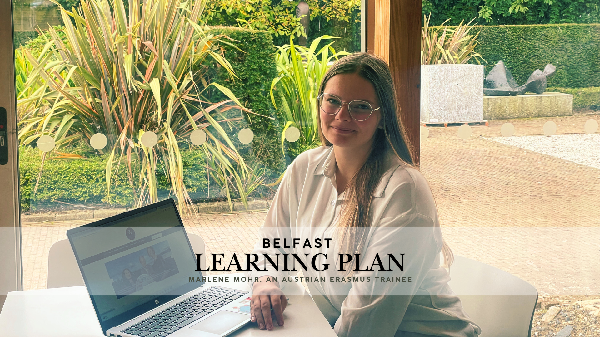 The Picture is Marlene sitting in front of her Laptop in the FE McWilliam Gallery in Banbridge where she attended a work meeting with her placement host Christine Watson